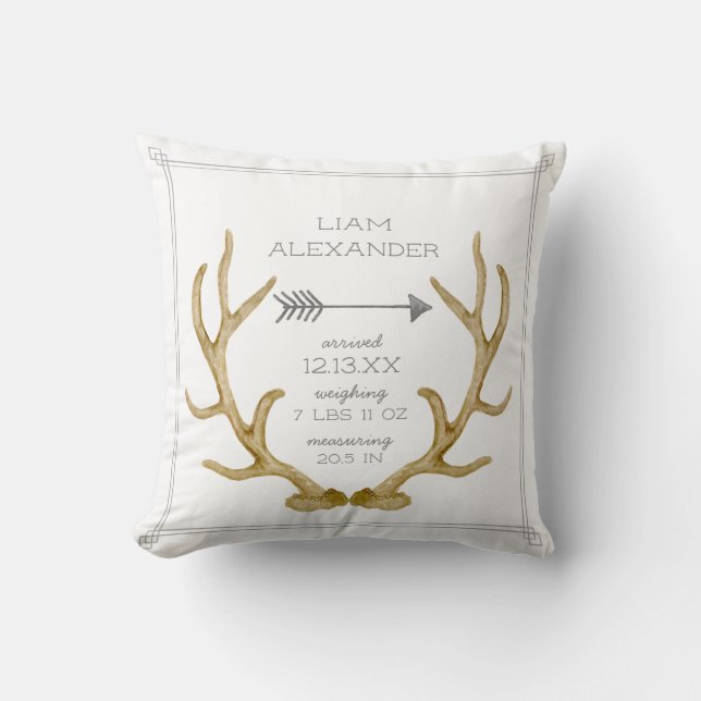BOHO bohemian Deer Antler Arrow Baby Birth Stats Throw Pillow (Front)