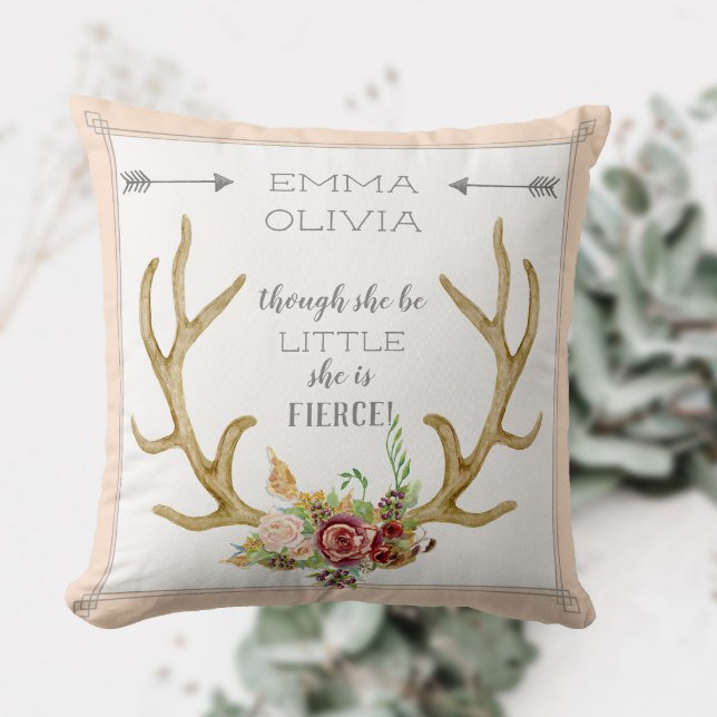 BOHO Bohemian Deer Antler Floral Baby Birth Stat Throw Pillow (Creator Uploaded)
