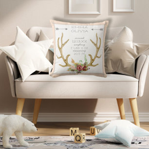 BOHO Bohemian Deer Antler Floral Baby Birth Stat Throw Pillow