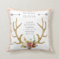 BOHO Bohemian Deer Antler Floral Baby Birth Stat Throw Pillow