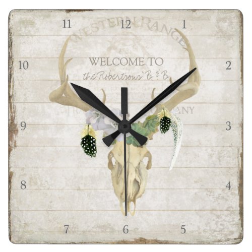 Boho Bohemian Deer Antler Western Desert Skull Art Square Wall Clock