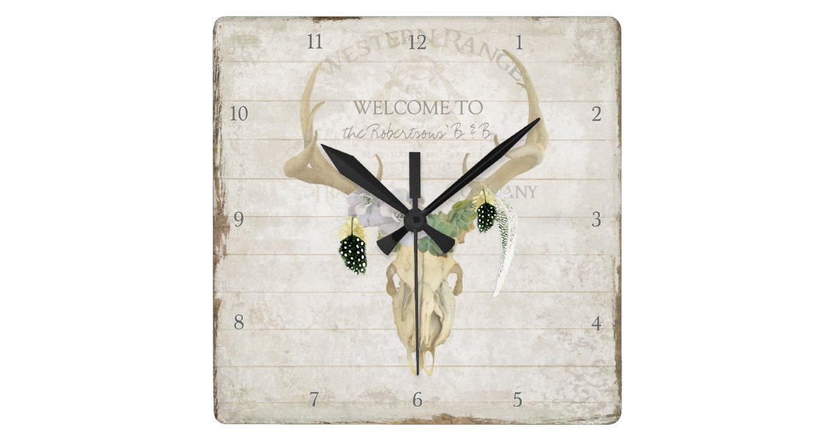 Boho Bohemian Deer Antler Western Desert Skull Art Square Wall