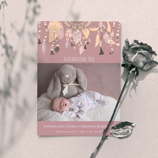 Boho Bohemian Dusty Rose 2 Photo Birth Announcent Announcement (Creator Uploaded)