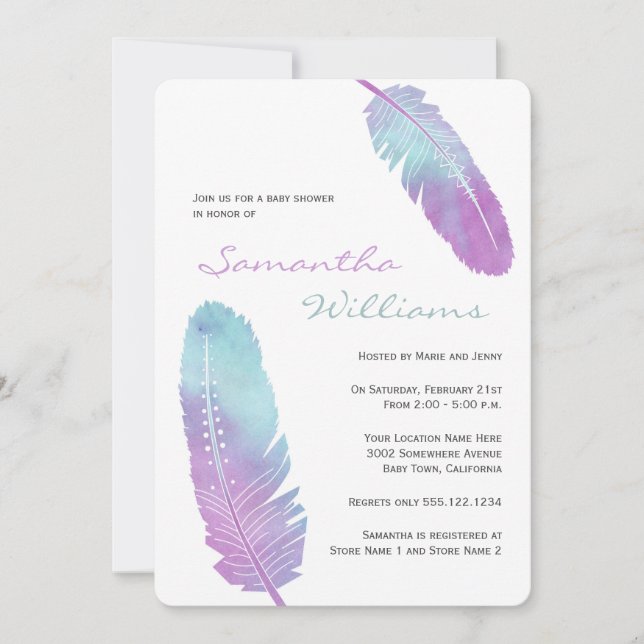 Boho Bohemian Feather Purple Baby Shower Invitation (Front)
