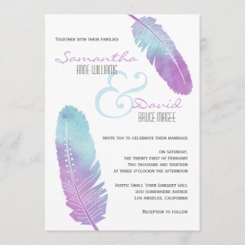 Boho Bohemian Feather Wedding Purple And Blue Invitation by prettypicture at Zazzle