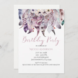 Boho Bohemian Feathers Birthday Party Invitations