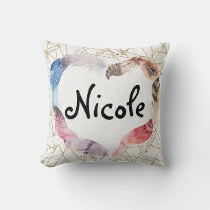 Boho Bohemian Feathers Heart Gold Geometric Modern Throw Pillow