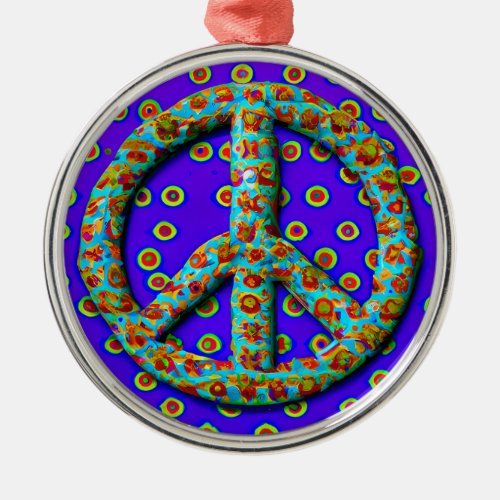 Boho Bohemian Floral Dot Peace Symbol Hippie Style Metal Ornament