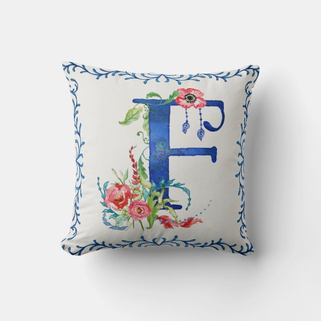 BOHO Bohemian Floral Monogram F Feathers Anemones Throw Pillow (Front)