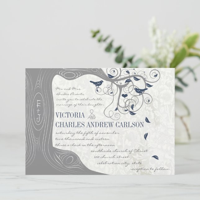 Boho Bohemian Gray Navy Love Birds Wedding  Invitation (Standing Front)