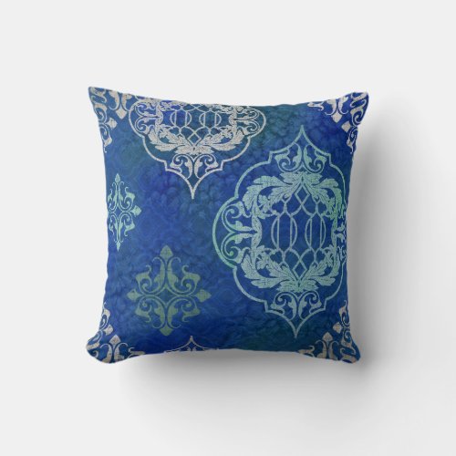 BOHO Bohemian Moroccan Tile Watercolor Blue Aqua Throw Pillow