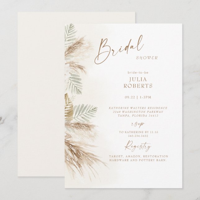 Boho Bohemian Pampas Grass Beige Bridal Shower Invitation (Front/Back)