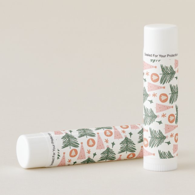 Boho Bohemian Pink Orange Green Christmas Trees Lip Balm (Front)