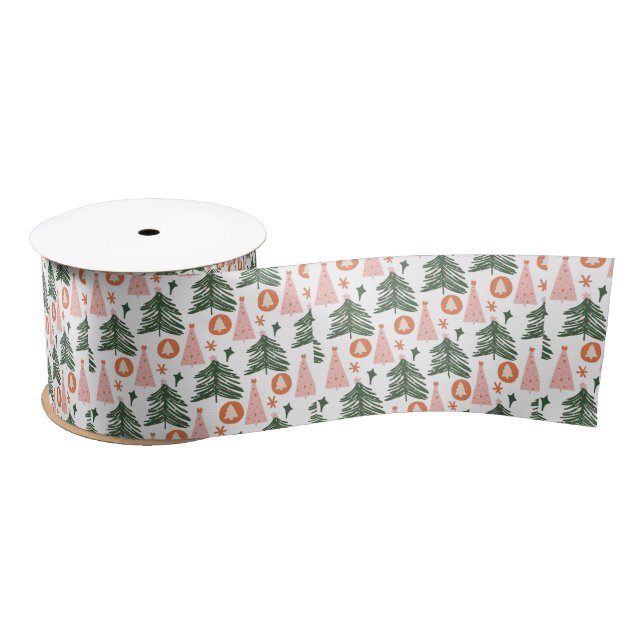Boho Bohemian Pink Orange Green Christmas Trees Satin Ribbon (Spool)