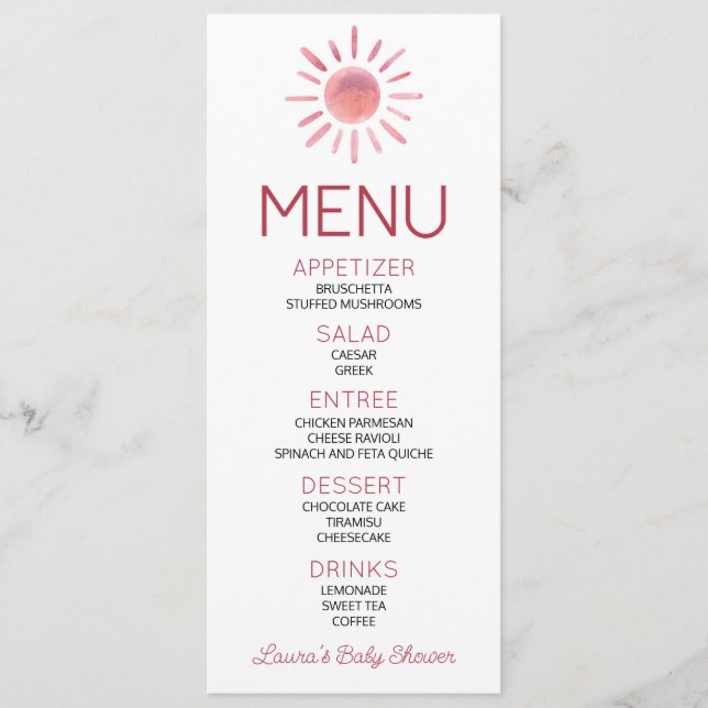 Boho Bohemian Pink Sun Baby Shower Food Menu (Front)