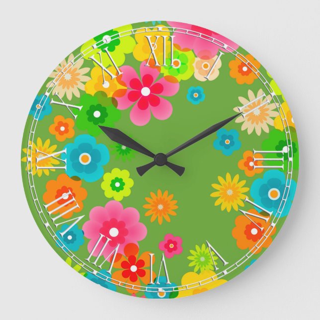 Boho Bohemian Retro Colorful Floral Flowers Large Clock (Front)