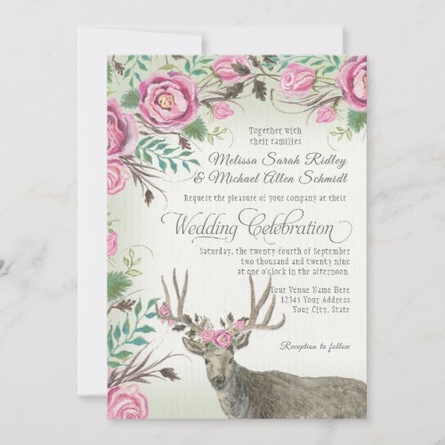 BOHO Bohemian Rose Floral Crown Deer Antler Sage Invitation