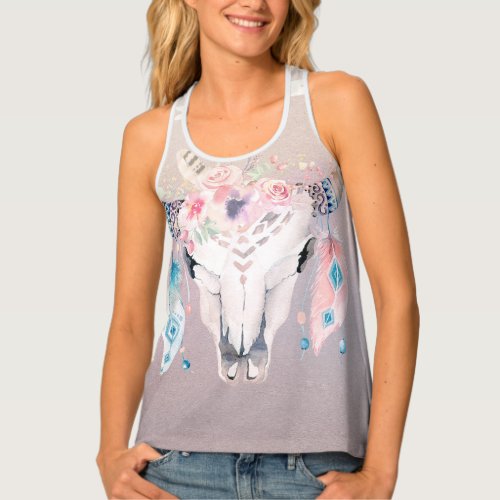 Boho Bohemian Skull Flowers Feathers Iridescent Tank Top