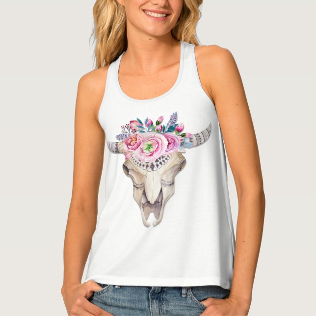 Boho Bohemian Skull & Flowers Modern Floral Glam Tank Top (Front)