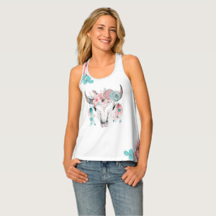 Boho Bohemian Skull Horn Flowers & Feathers Glam Tank Top