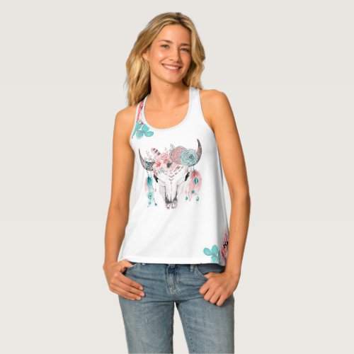 Boho Bohemian Skull Horn Flowers  Feathers Glam Tank Top