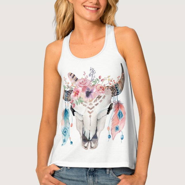 Boho Bohemian Skull Modern Flowers & Feathers Tank Top (Front)
