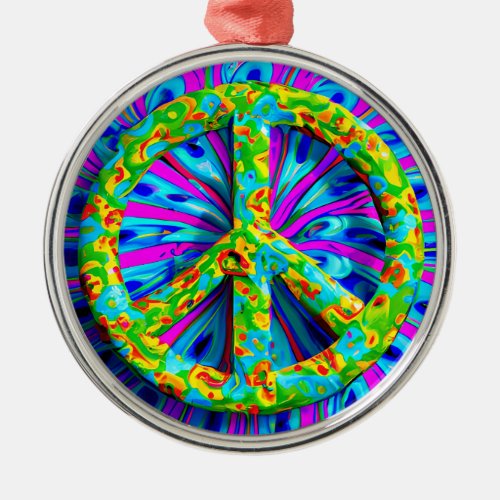 Boho Bohemian Tie Dye Peace Symbol Hippie Style Metal Ornament