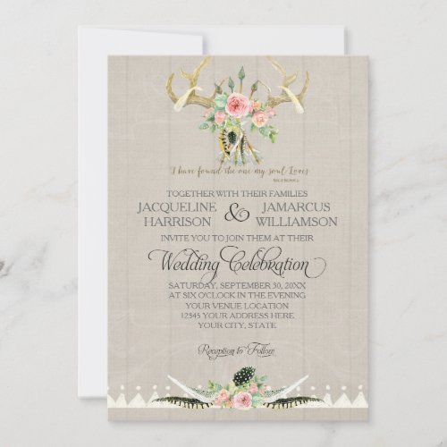 BOHO Bohemian Tribal Deer Antler Feathers Rose Art Invitation