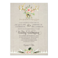 BOHO Bohemian Tribal Deer Antler Feathers Rose Art Invitation