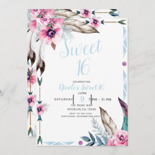 Boho Bohemian Tribal Floral Watercolor Sweet 16 Invitation