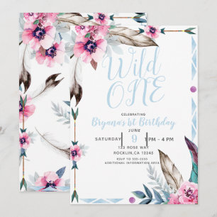 Boho Bohemian Tribal Floral Watercolor WILD ONE Invitation