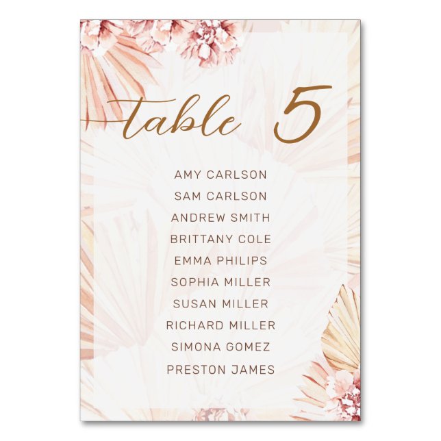 Boho Bohemian Wedding Beige Pampas Grass Modern  Table Number (Back)