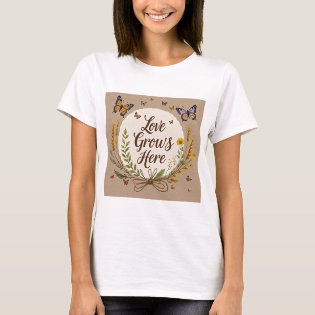 Boho Bohemian Wildflowers, butterflies, wheat T-Shirt (Front)