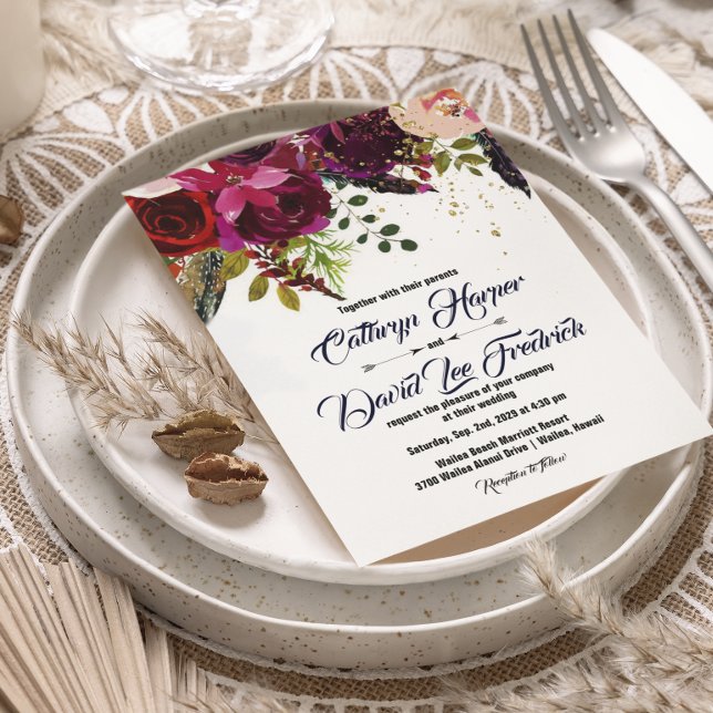 Boho Bold Burgundy Floral Wedding Invitation (Creator Uploaded)