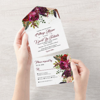 Boho Bold Burgundy & Gold Floral Wedding All In One Invitation