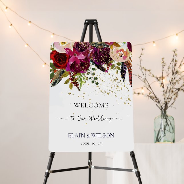 Boho Bold Burgundy & Gold Floral Wedding Welcome Foam Board (In Situ (Stand))