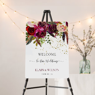 Boho Bold Burgundy & Gold Floral Wedding Welcome Foam Board