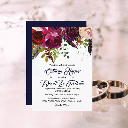 Boho Bold Burgundy Navy Floral Wedding Invitation