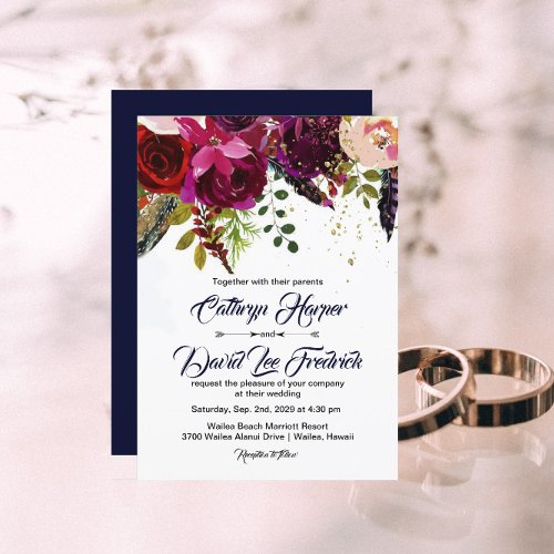 Boho Bold Burgundy Navy Floral Wedding Invitation