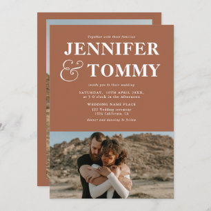 Boho bold names retro 2 photos wedding terracotta invitation