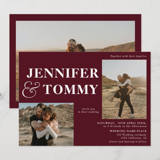 Boho bold names retro 3 photos wedding burgundy invitation (Front/Back)