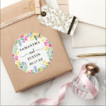 Boho bold pink spring wild flowers wedding classic round sticker<br><div class="desc">Bohopink yellow spring spring wild flowers wedding sticker,  perfect for favors with hand painted bright and vibrant pink,  yellow,  green floral watercolor bouquet,  perfect for outdoor,  summer small wedding ceremony.</div>