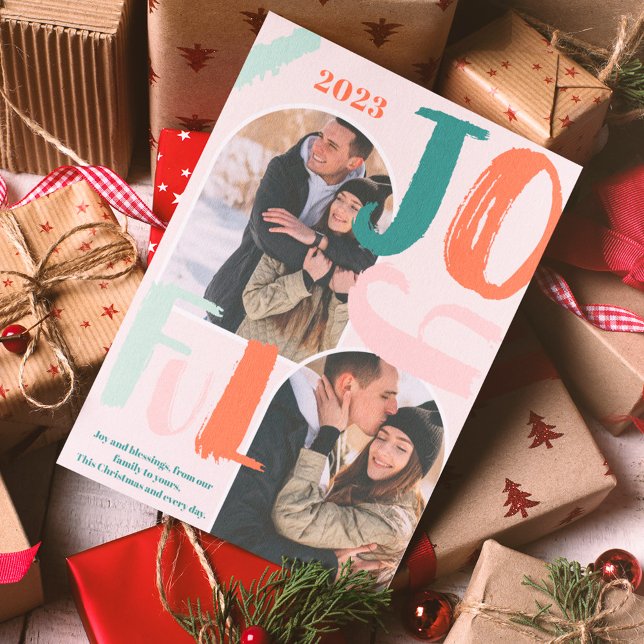 Boho bold script 2 photos arch Joyful Christmas Holiday Card (Creator Uploaded)