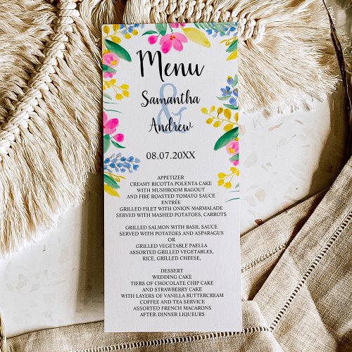 Boho bold spring pink yellow floral wedding menu