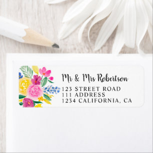 Boho bold spring pink yellow flowers chic wedding label