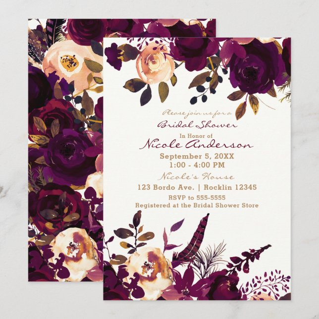Boho Bordeaux Maroon Floral Fall Bridal Shower Invitation (Front/Back)