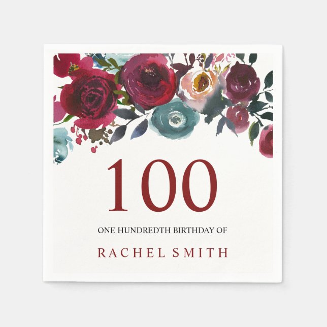 Boho Bordo Burgundy Red Flowers 100th Birthday Paper Napkins (Front)