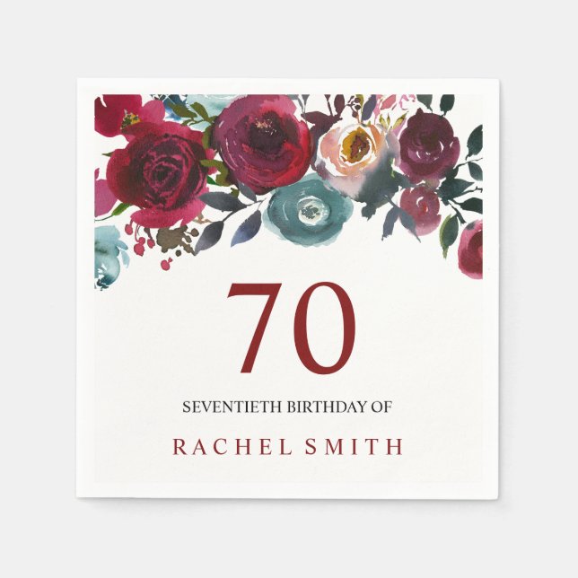 Boho Bordo Burgundy Red Flowers 70th Birthday Paper Napkins (Front)