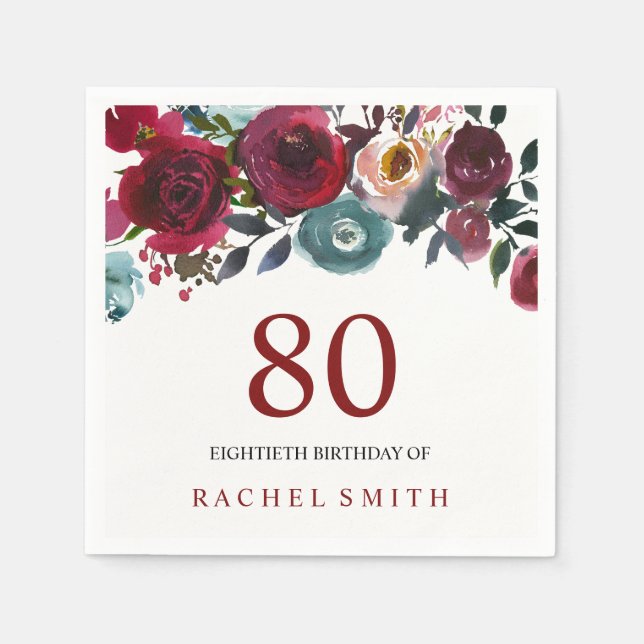 Boho Bordo Burgundy Red Flowers 80th Birthday Paper Napkins (Front)