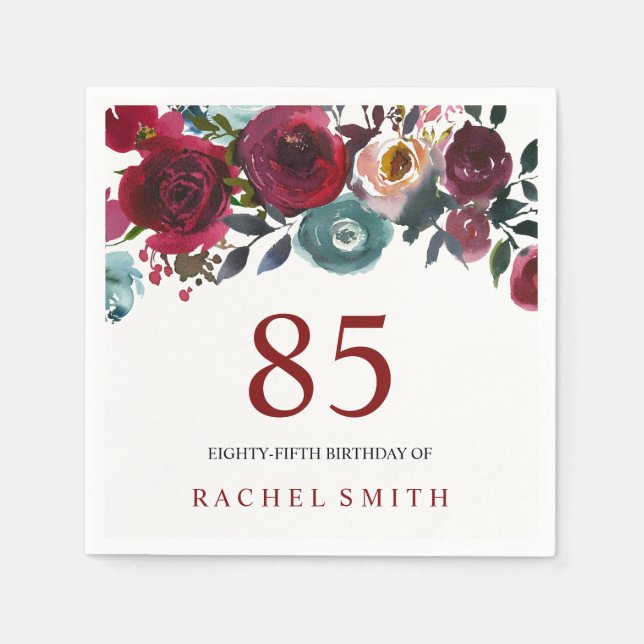 Boho Bordo Burgundy Red Flowers 85th Birthday Napkins (Front)